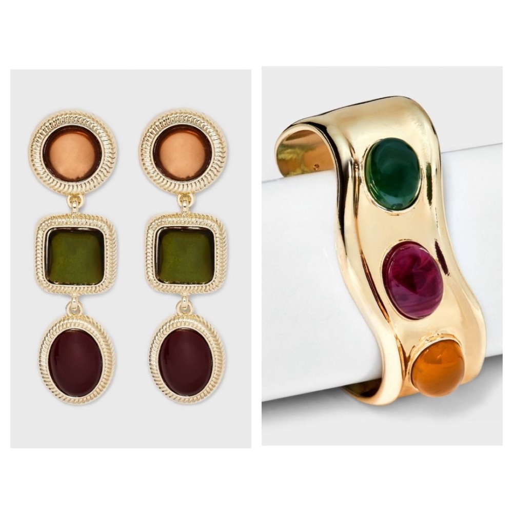 Multi Stone Linear Drop Earrings & Multi Stone Cuff Bracelet - A Ne…